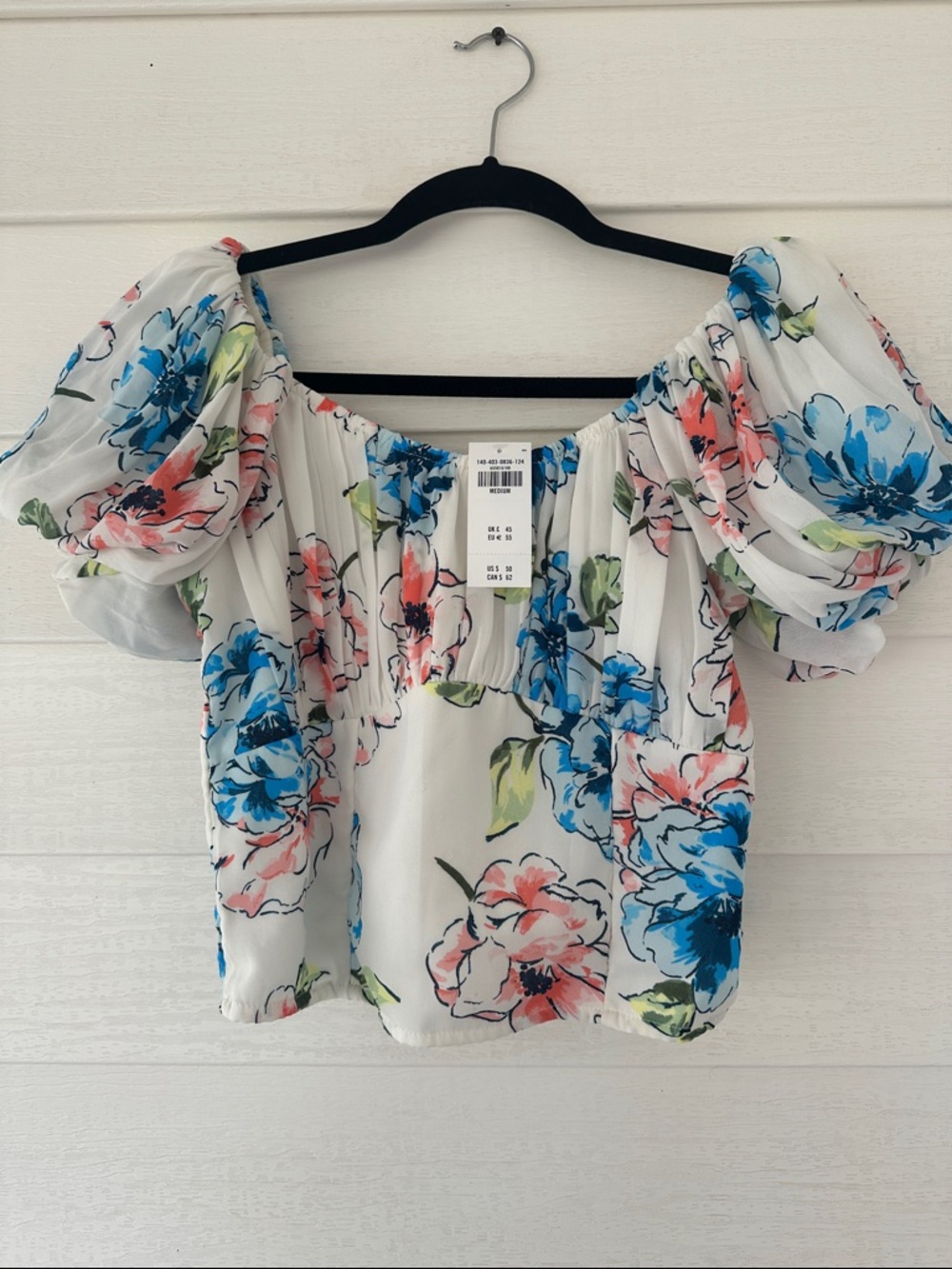 Abercrombie & Fitch White Floral Off-Shoulder Crop Top with Blue & Pink Flowers